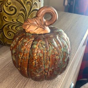 Ceramic pumpkin. Brown orange teal and green. Super cute and fall festive